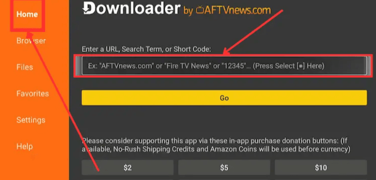 Step 19: This is the Downloader App interface, Choose the Home tab and click Search Bar